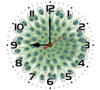 Geroclonup Peacock Feather Wall Clock Vintage Wall Decor 25cm Round Wooden Battery Operated Clocks Silent Non-Ticking Retro Decor for Farmhouse Home Living Room Bedroom