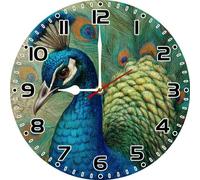 Geroclonup Peacock Wall Clock Round Wooden Silent Non-Ticking Decorative Clocks Battery Operated 25cm for Home Living Room Kitchen Bathroom Bedroom Farmhouse Decor