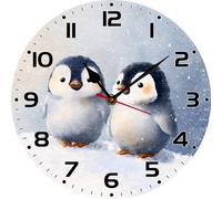 Geroclonup Penguin Wall Clock Winter Wall Decor 25cm Silent Non-Ticking Battery Operated Quartz Round Wooden Clock Decorative for Kitchen Bedroom Living Room Home Decor