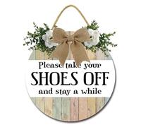 Geroclonup Please Take Your Shoes Off And Stay a While Sign for Front Door 30cm Funny Welcome Wreath Round Wood Hanging Shoes Off No Shoes Sign for Home Porch Entrance Decoration