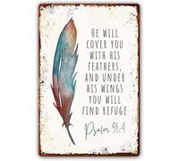 Geroclonup Psalm 91 Metal Tin Sign He Will Cover You With His Feathers And Under His Wings You Will Find Refuge, Scripture Wall Art, Bible Verse Decorations For Bedroom Bible Verse Sign-20x30cm