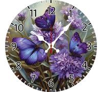 Geroclonup Purple Flower Butterflies Wall Clock Battery Operated Non Ticking Silent Quartz Analog 30cm Wooden Farmhouse Round Clocks for Home Kitchen Living Room Bathroom