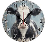 Geroclonup Retro Cow Wall Clock Battery Operated Non Ticking Silent Quartz Analog 30cm Wooden Farmhouse Round Clocks for Home Kitchen Living Room Bathroom