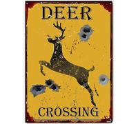 Geroclonup Retro Metal tin Sign Deer Crossing Caution Yellow Sign Holes Rustic Hunting Cabin Lodge Street Road Decor New Wall Art Retro Vintage Bar Country Wall Decoration Metal Sign-20x30cm