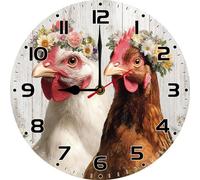 Geroclonup Rooster and Hen Wall Clock Chicken Wall Clock 25cm Silent Non Ticking Battery Operated Clocks Vintage Wooden Round Clocks for Living Room Bedroom Bathroom Office Decor