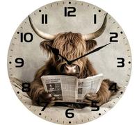 Geroclonup Round Wall Clock Battery Operated Clocks 25cm Funny Highland Cow Wall Clock Wooden Silent Non Ticking Clocks for Living Room Kitchen Home Bathroom Bedroom