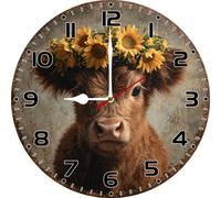 Geroclonup Round Wall Clock Highland Cow Sunflower Wall Clock Wooden Silent Non-Ticking Decorative Clocks Battery Operated 25cm for Home Living Room Kitchen Bathroom Bedroom