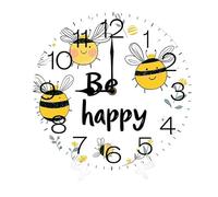 Geroclonup Round Wall Clocks Bees Be Happy Wood Quartz Battery Operated Rustic Home Decor Handing Clocks for Living Room Kitchen Bedroom Bathroom Large Numbers Silent -25cm
