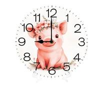 Geroclonup Round Wall Clocks Cute Pig Flower Wood Quartz Battery Operated Rustic Home Decor Handing Clocks for Living Room Kitchen Bedroom Bathroom Large Numbers Silent -25cm