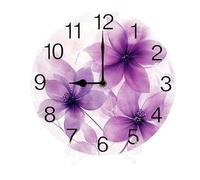 Geroclonup Round Wall Clocks Purple Flowers Wood Quartz Battery Operated Rustic Home Decor Handing Clocks for Living Room Kitchen Bedroom Bathroom Large Numbers Silent -25 cm