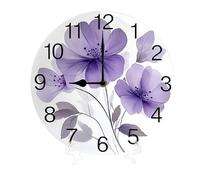 Geroclonup Round Wall Clocks Purple Flowers Wood Quartz Battery Operated Rustic Home Decor Handing Clocks for Living Room Kitchen Bedroom Bathroom Large Numbers Silent -25 cm