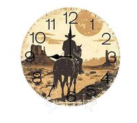 Geroclonup Round Wall Clocks Rustic Western Cowboy Wood Quartz Battery Operated Rustic Home Decor Handing Clocks for Living Room Kitchen Bedroom Bathroom Large Numbers Silent -10 Inch