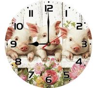 Geroclonup Rustic Wooden Piggy Wall Clock Battery Operated 25cm Pig Clocks for Bathroom Bedroom Living Room Funny Round Analog Non-Ticking Wall Clock Silent