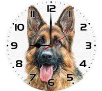 Geroclonup Rustic Wooden Wall Clocks Battery Operated 25cm German Shepherd Clock for Bathroom Bedroom Living Room Funny Round Analog Non-Ticking Wall Clock Silent