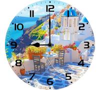 Geroclonup Santorini Sign Wall Clock Silent Non Ticking Round Clocks Santorini Clocks 25cm Battery Operated Quartz Quiet Desk Clock for Home Office