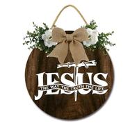 Geroclonup Scripture Wall Decor Bible Verse Sign Jesus The Way Truth Life Sign 30cm Rustic Round Wooden Farmhouse Wreath Wall Decor for Home Christian