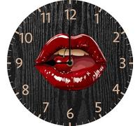 Geroclonup Sexy Red Lip Wall Clock Funny Biting Lip Decor 25cm Silent Non Ticking Battery Operated Clock Vintage Round Clock for Living Room Bedroom Bathroom Office Decor