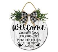 Geroclonup Since Little Fingers Touch Our Floor Front Door Sign Farmhouse Wreath Wall Decor 28cm Round Wooden Hanging Housewarming Remove Shoes Sign for Outdoor Indoor