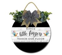 Geroclonup Since Little Fingers Touch Our Floor Please Remove Your Shoes At The Door Sign for Front Door, 30cm Rustic Round Wooden Wreath Door Sign Farmhouse Front Porch Decor for Housewarming Gift