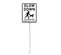 Geroclonup Slow Down Children And Animals At Play Sign with Stake 17.5x22cm Yard Sign Aluminum Outdoor Decoration Sign Rustproof Sturdy Aluminum Sign for Outdoor Use Easy Install