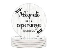 Geroclonup Spanish Christian Coasters, Alégrate de la Esperanza Sign Drink Coasters Set of 6 with Holder 10cm Round Absorbent Ceramic Cup Mats Tabletop Protection for Various Mugs, Home Decor