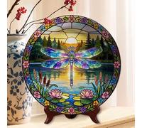 Geroclonup Stained Dragonfly Lotus Pond Sunset Forest Round Melamine Decorative Hanging Plate 10.6inch Lake Nature Wall Ornament for Cabin Garden Home Decor