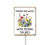 Geroclonup Summer Garden Sign Pardon Our Weeds We're Feeding The Bees Wildflowers Yard Sign with Stakes, Decorative Yard Sign for Outdoor Decoration 8 X 12 Inch