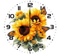Geroclonup Sunflower and Butterfly Wall Clock 25cm Round Wooden Battery Operated Wildflowers Clock Silent Non-Ticking Wall Decor for Farmhouse Home Living Room Bedroom