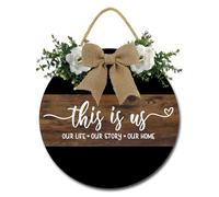 Geroclonup This is us Sign for Front Door 30cm Rustic Round Wooden Hanging Welcome Wreath Sign Door Hanger for Farmhouse Home Wall Window Porch Decor