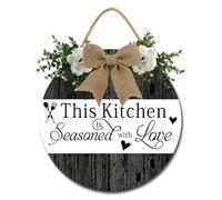 Geroclonup This Kitchen is Seasoned with Love Wall Decor Kitchen Sign Rustic Funny Wreaths Hanging Wooden Decoration Kitchen Decoration for Home Dining Room Bar Cafe Decor -30cm