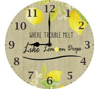 Geroclonup Vintage Lemon Wall Clock Country Kitchen Decor Wall Art Inspirational Saying Signs - Where Trouble Melt Like Lemon Drops - 25x25 CM Wood Clock Battery Operated Silent Non Ticking