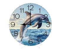 Geroclonup Wall Clock Dolphin Jumping Sea Animals Wood Battery Operated Silent Non-Ticking Clock Decorative for Home Kitchen Living Room Office Bathroom Bedroom(25cm)