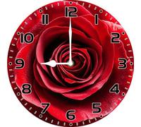 Geroclonup Wall Clock Red Rose Wall Art Round Wooden Battery Operated Clock Silent Non-Ticking Clocks for Home Kitchen Bathroom Living Room Bedroom Office 25cm
