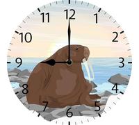 Geroclonup Walrus Wall Clock Silent Round Wood Clocks Non Ticking Battery Operated Creative Decorative Clock for Kids Living Room Bedroom Office Kitchen Home Decor