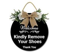 Geroclonup Welcome Kindly Remove Your Shoes Sign for Front Door 28cm Funny Welcome Wreath Round Wood Hanging Shoes Off No Shoes Sign for Home Porch Entrance Decoration