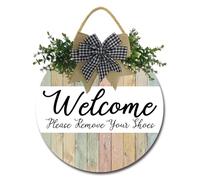 Geroclonup Welcome Please Remove Your Shoes Door Sign Take Off Shoes Door Sign Round Wood Welcome Plaque Wreaths Decoration for Home Front Door Wall Decor 30cm