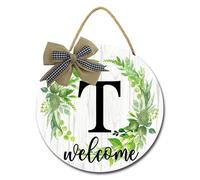 Geroclonup Welcome Sign for Front Door Spring Wreath for Front Door Monogram Initial Letter T Door Sign Wooden Plaque Floral Initial Hanging Sign Rustic Wooden Wall Art Signs for Housewarming 30cm