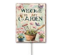 Geroclonup Welcome To My Garden Sign with Stake, Welcome Decoration Yard Art Decor, Indoor Outdoor Decorative Aluminum Lawn Ornament for Yard Pathway Patio Backyard