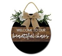 Geroclonup Welcome to Our Beautiful Chaos Sign for Front Door 28cm Rustic Round Wooden Hanging Welcome Wreath Sign Door Hanger for Farmhouse Home Wall Window Porch Decor