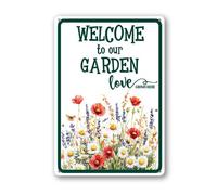 Geroclonup Welcome To Our Garden Love Grows Here Sign 20x30cm Metal Aluminum Warning Signs for Outside Garden Sign for Home Indoor Outdoor Weatherproof Plaque