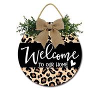 Geroclonup Welcome To Our Home Sign for Front Door, Welcome Door Sign, 30cm Rustic Round Wood Wreaths Door Hanger Porch Decor, Leopard Print Sign Wall Decor for All Seasons Holiday Housewarming Gift