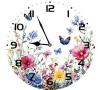 Geroclonup Wild Flowers and Butterfly Wall Clock Vintage Wooden Battery Operated Non Ticking 25cm Clock Silent Art Rustic Wood Clock for Home Bedroom Kitchen Office