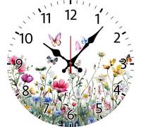 Geroclonup Wildflower Wall Clock Butterfly Clocks Battery Operated Non Ticking Silent Quartz Analog 25cm Wooden Farmhouse Round Clock Funny Decor for Home Kitchen Living Room Bathroom