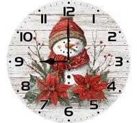 Geroclonup Winter Snowman Wall Clock Christmas Sign 25cm Wall Clocks Wooden Digital Non Ticking Battery Operated Decorative Round Clock for Home Kitchen Living Room Office