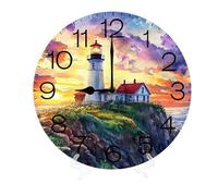 Geroclonup Wood Lighthouse Wall Clock 25cm - Beach Theme Decorative Clocks Rustic Battery Operated Nautical Bedroom Ocean Decoration Ticking Tropical Décor