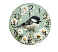 Geroclonup Wood Wall Clock Bird Daisy Frameless Battery Operated Silent Quartz Alphabet Letters Shabby Chic Clock for Living Room Office Home Kitchen Bathroom 25cm