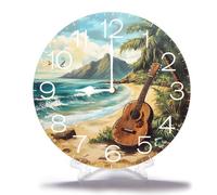 Geroclonup Wood Wall Clocks Beach Guitar Frameless Battery Operated Silent Quartz Alphabet Letters Shabby Chic Clock for Living Room Office Home Kitchen Bathroom 25cm