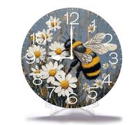 Geroclonup Wood Wall Clocks Bee And Daisy Frameless Battery Operated Silent Quartz Alphabet Letters Shabby Chic Clock for Living Room Office Home Kitchen Bathroom 25cm