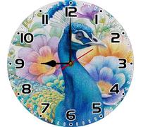 Geroclonup Wooden Peacock Wall Clock Battery Operated 25cm Modern Black Clock for Bathroom Bedroom Living Room Retro Round Analog Non-Ticking Wall Clocks Silent
