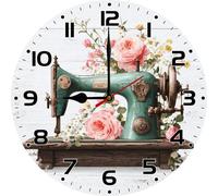 Geroclonup Wooden Sewing Machine Wall Clock Battery Operated 25cm Sewing Room Clock for Bathroom Bedroom Living Room Retro Round Analog Non-Ticking Wall Clocks Silent